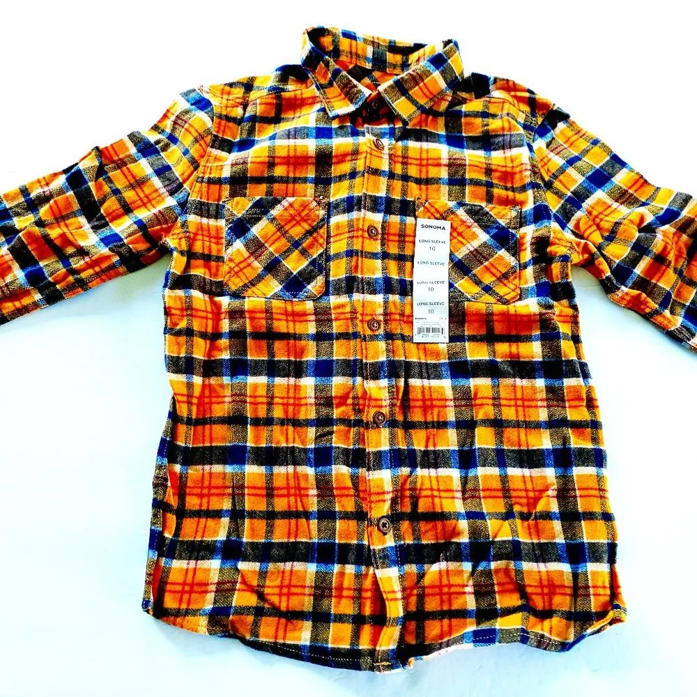 Sonoma Boys Shirt Flannel Yellow Plaid Button Down Size 10 New